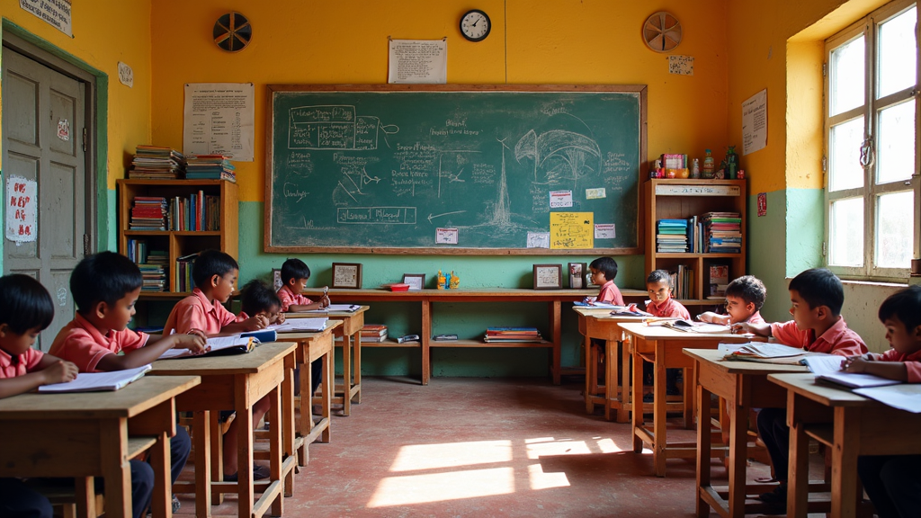 A colorful classroom in an Indian primary school with traditional and modern learning materials