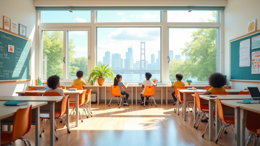 A bright, modern classroom environment with engaging learning materials and resources