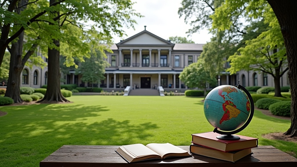 A scenic view of an international university campus surrounded by green trees and traditional architecture. A globe and academic books lie on a wooden bench.
