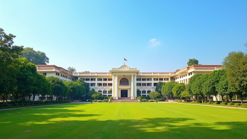 A university building surrounded by greenery and books